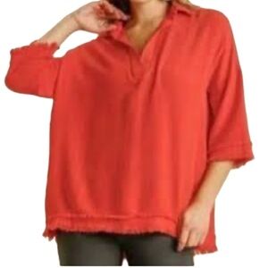 Umgee Tomato Red Cotton Linen Blend‎ V-Neck Top Oversized Size S